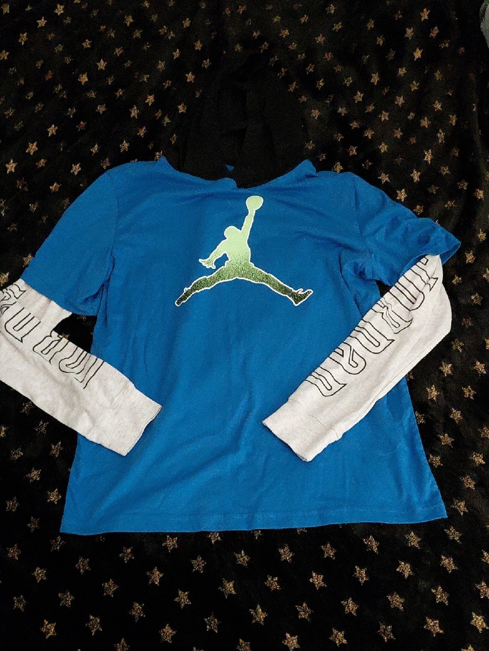 Jordan Blue Hooded Layered-Look Long Sleeve Tee with Green Logo